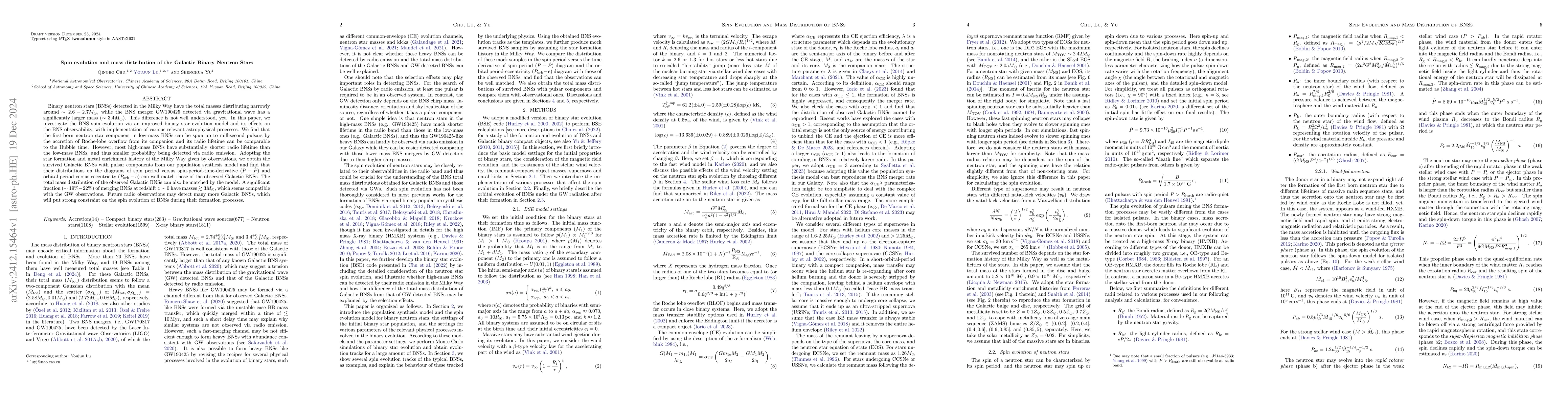 Thumbnail for Spin evolution and mass distribution of the Galactic Binary Neutron
  Stars