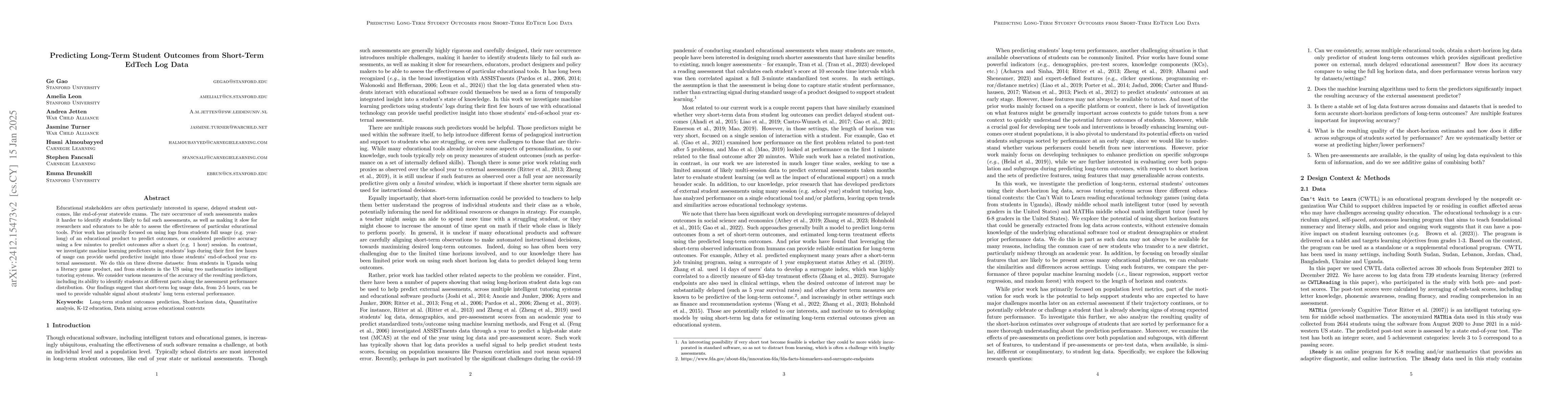 Thumbnail for Predicting Long-Term Student Outcomes from Short-Term EdTech Log Data