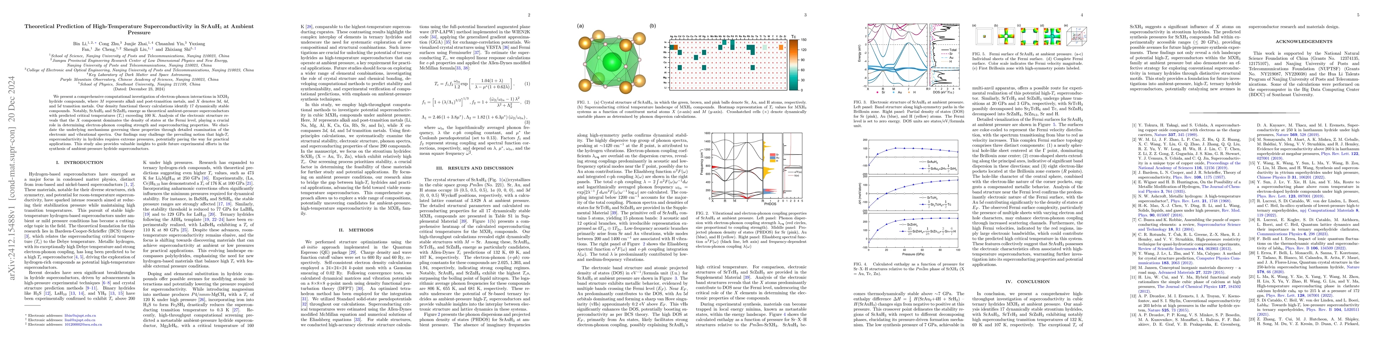 Thumbnail for Theoretical Prediction of High-Temperature Superconductivity in
  SrAuH$_3$ at Ambient Pressure