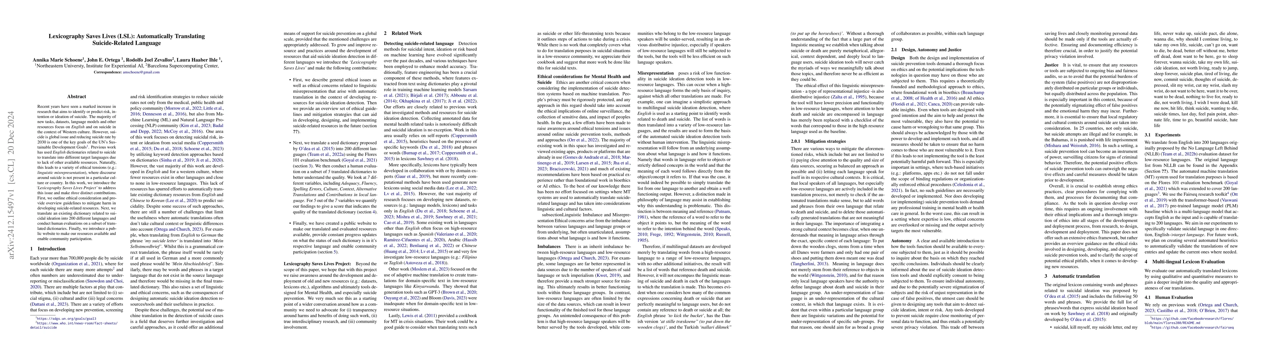 Thumbnail for Lexicography Saves Lives (LSL): Automatically Translating
  Suicide-Related Language