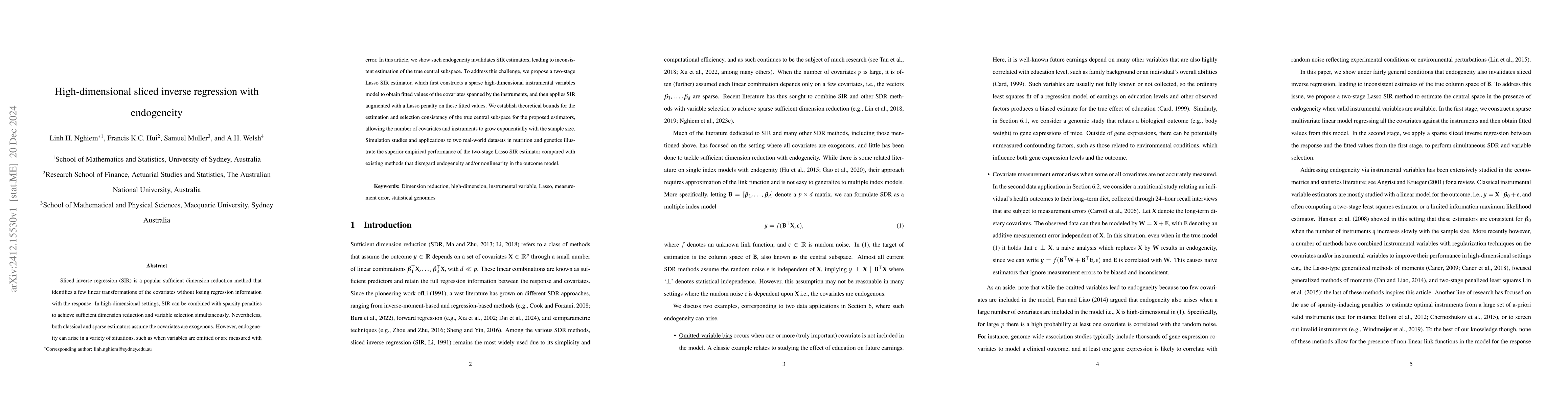 Thumbnail for High-dimensional sliced inverse regression with endogeneity