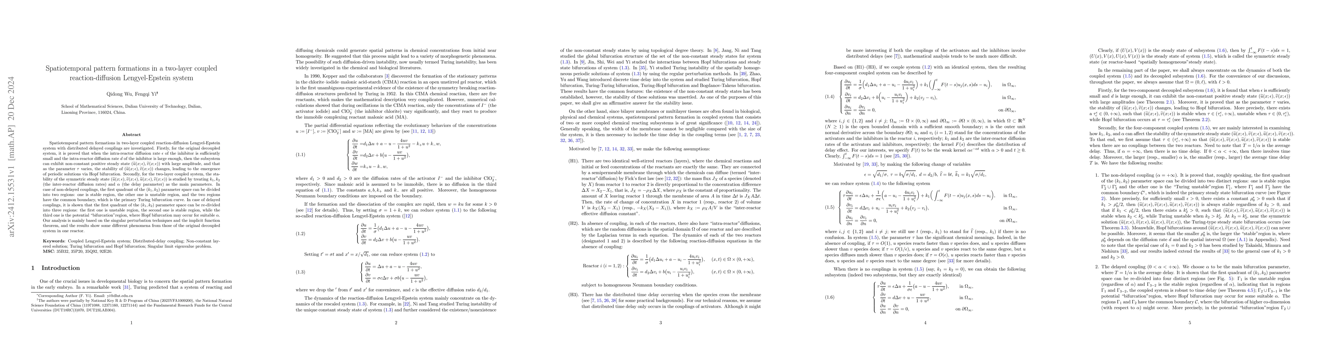 Thumbnail for Spatiotemporal pattern formations in a two-layer coupled
  reaction-diffusion Lengyel-Epstein system