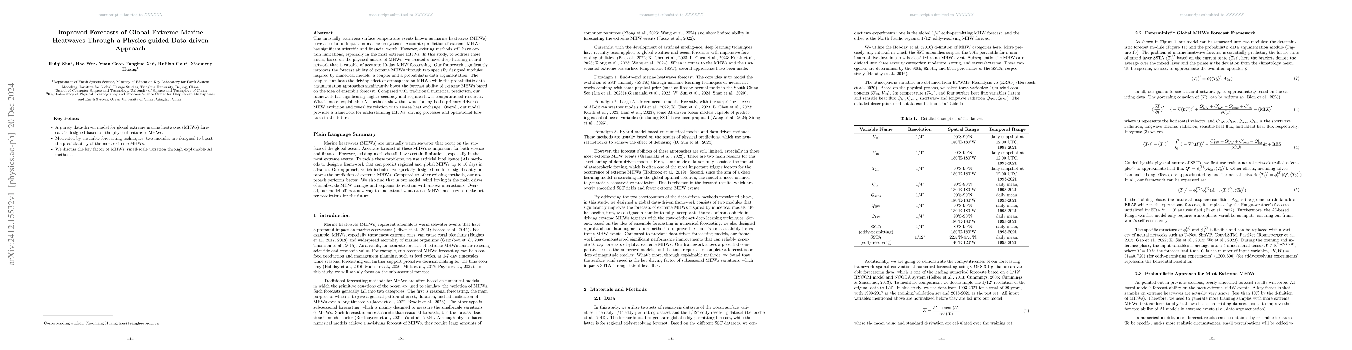 Thumbnail for Improved Forecasts of Global Extreme Marine Heatwaves Through a
  Physics-guided Data-driven Approach