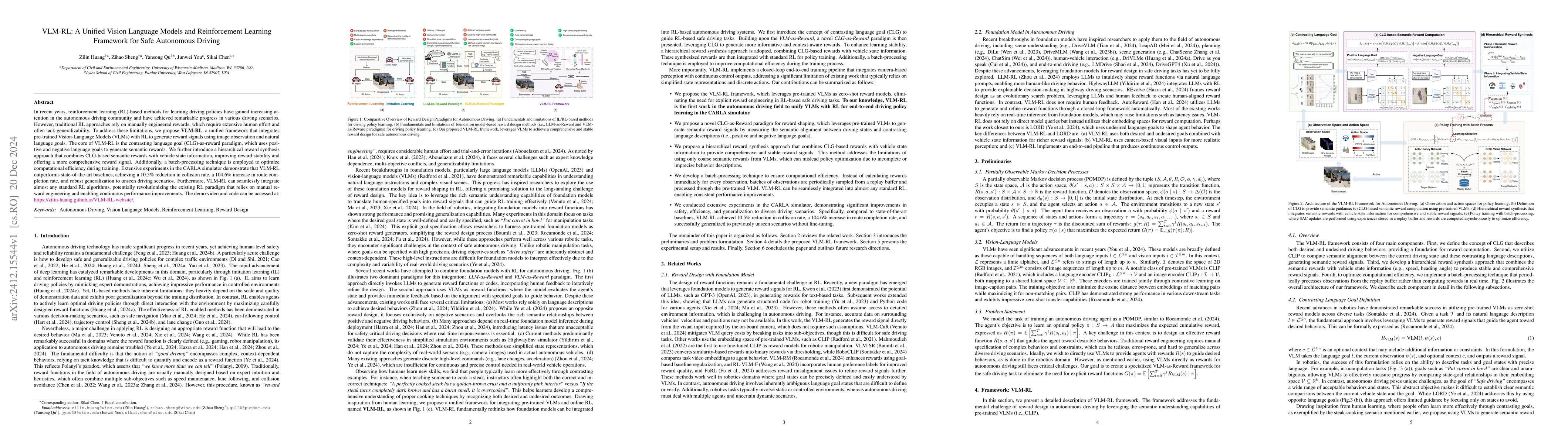 Thumbnail for VLM-RL: A Unified Vision Language Models and Reinforcement Learning
  Framework for Safe Autonomous Driving