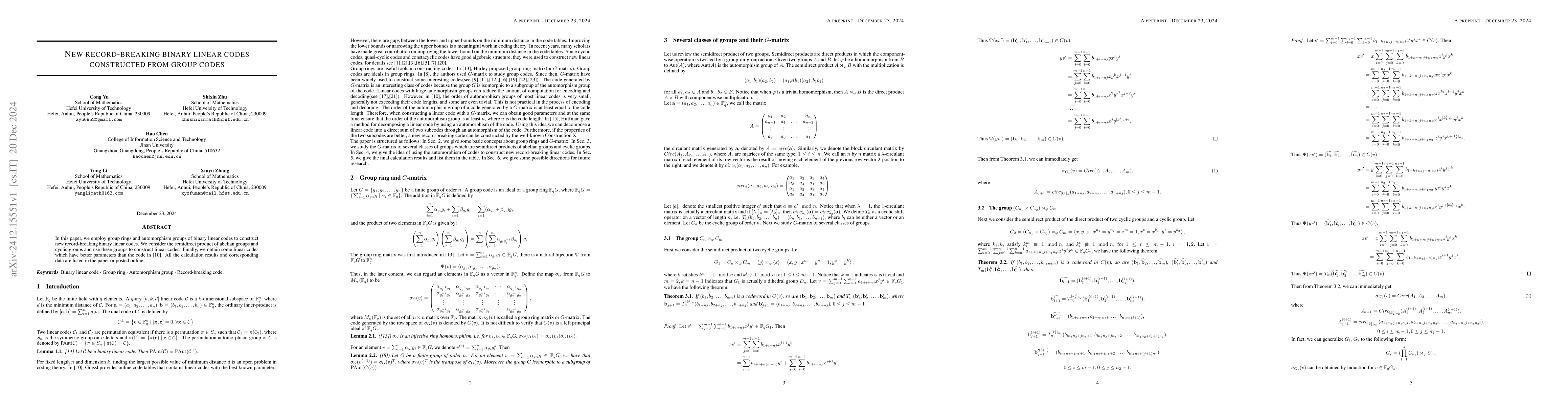 Thumbnail for New record-breaking binary linear codes constructed from group codes