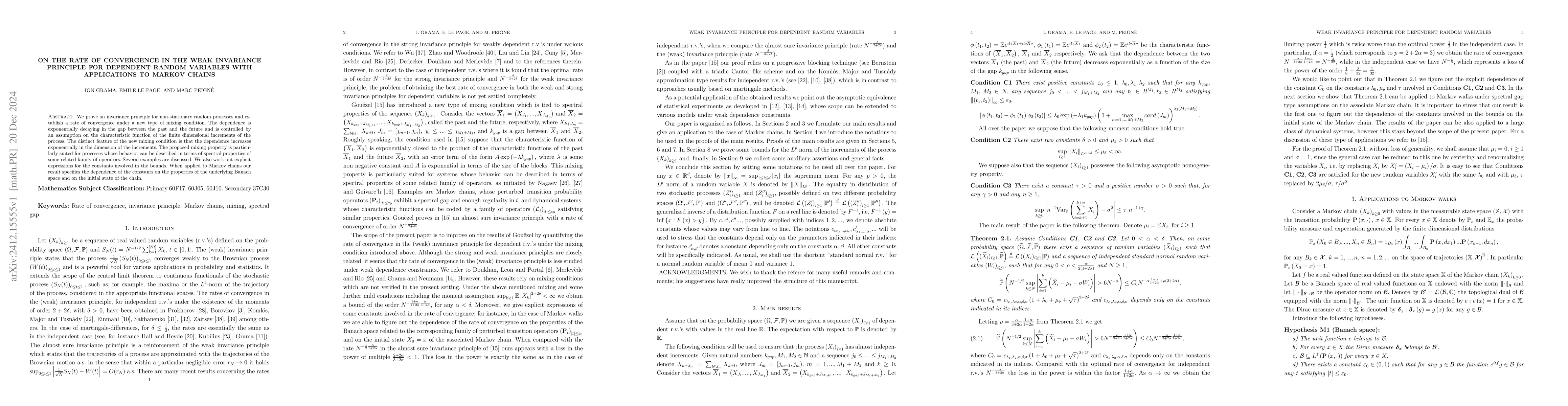 Thumbnail for On the rate of convergence in the weak invariance principle for
  dependent random variables with applications to Markov chains