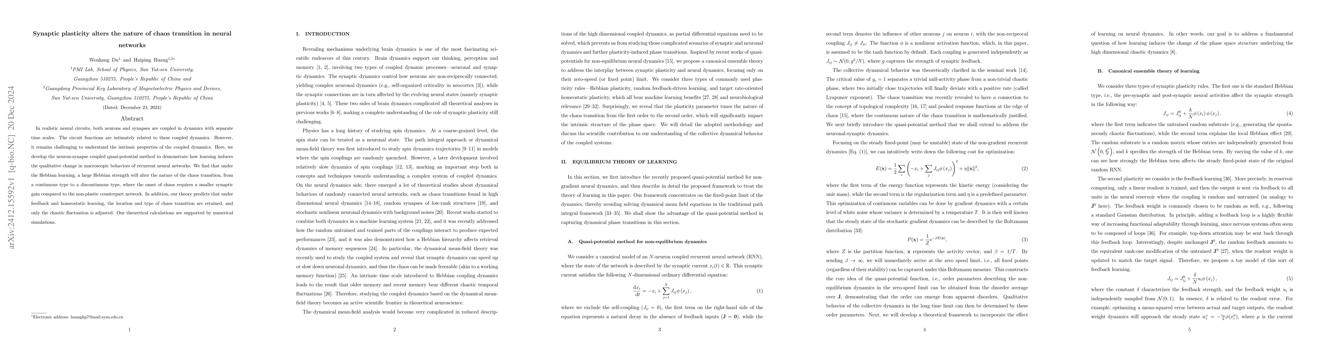 Thumbnail for Synaptic plasticity alters the nature of chaos transition in neural
  networks
