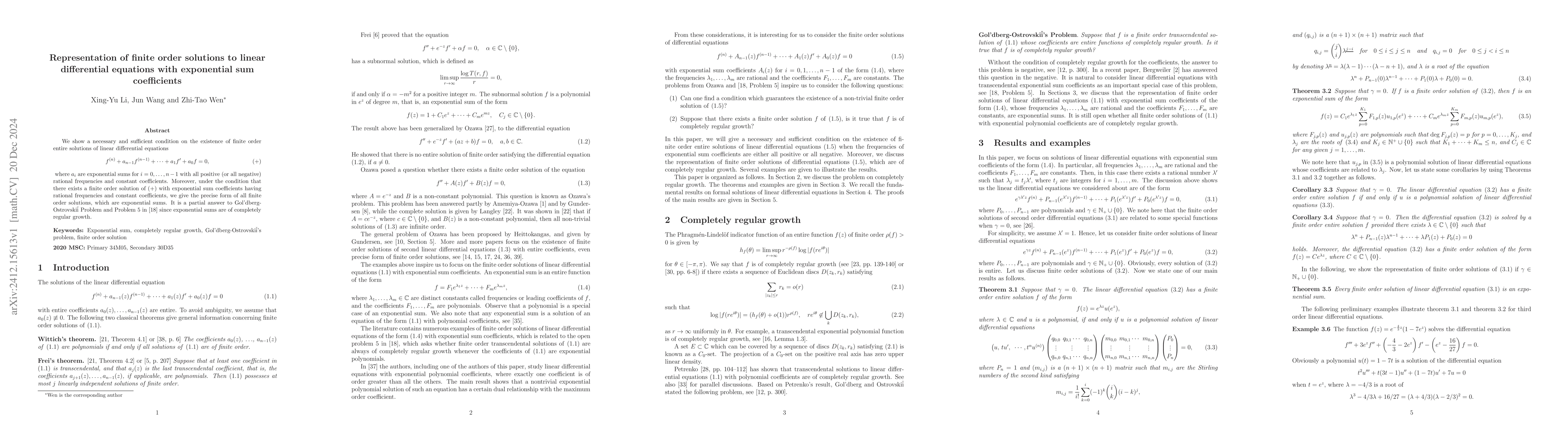 Thumbnail for Representation of finite order solutions to linear differential
  equations with exponential sum coefficients