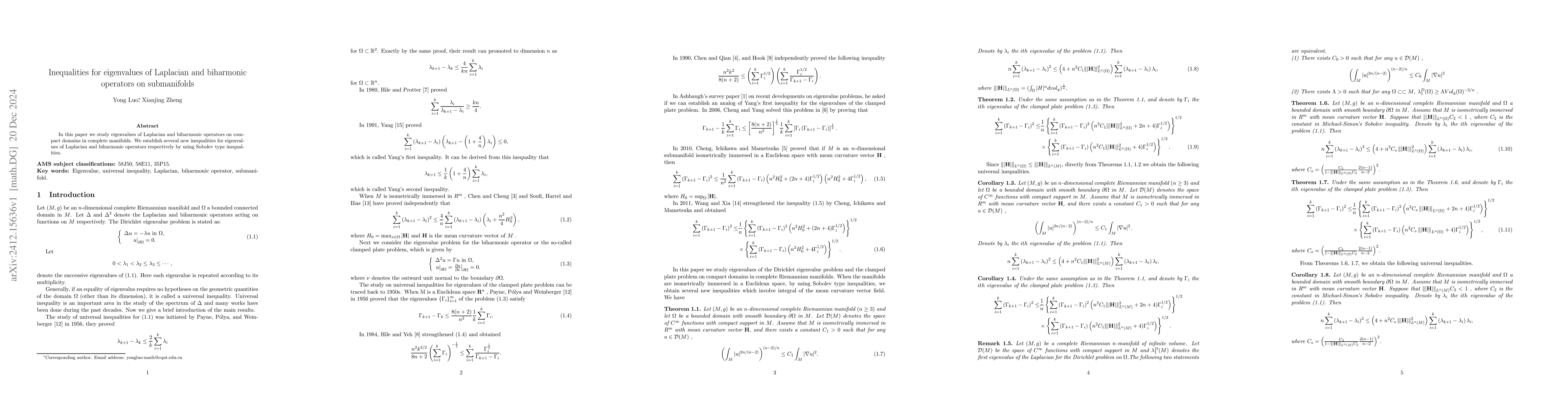 Thumbnail for Inequalities for eigenvalues of Laplacian and biharmonic operators on
  submanifolds