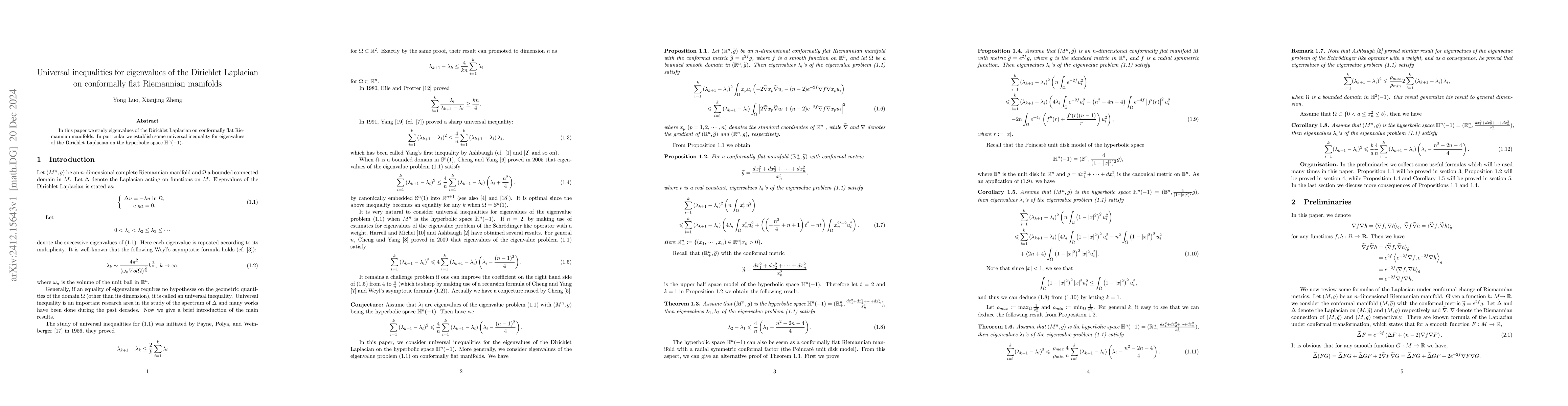 Thumbnail for Universal inequalities for eigenvalues of the Dirichlet Laplacian on
  conformally flat Riemannian manifolds