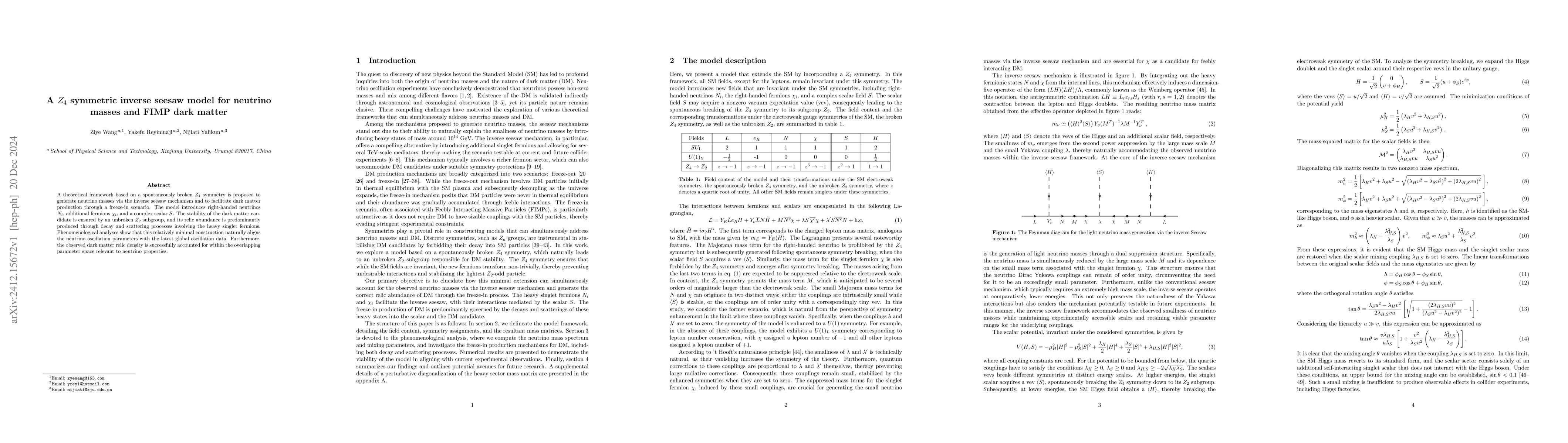Thumbnail for A $Z_4$ symmetric inverse seesaw model for neutrino masses and FIMP dark
  matter