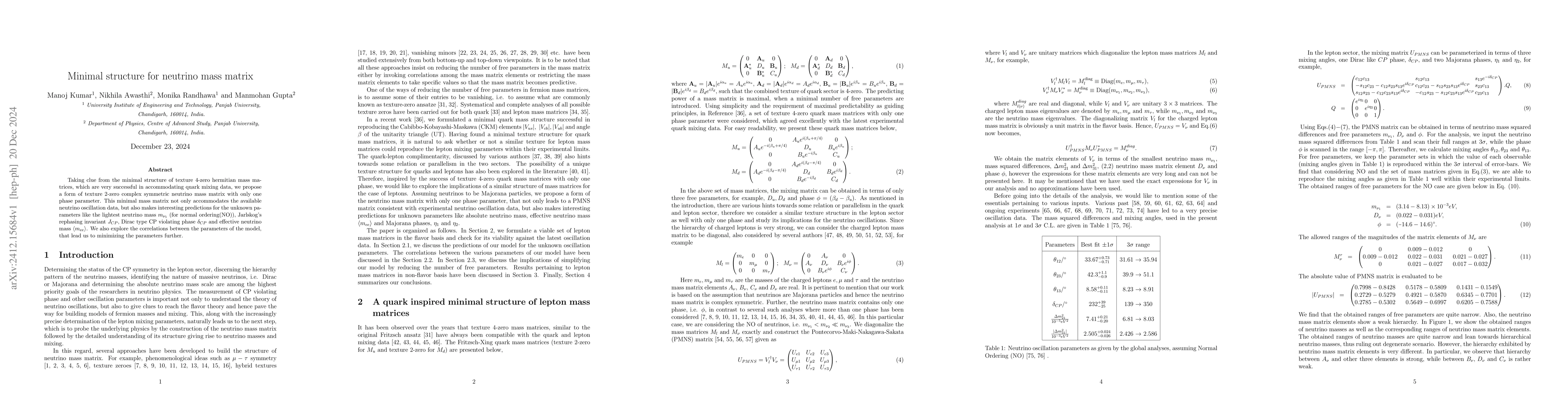 Thumbnail for Minimal structure for neutrino mass matrix