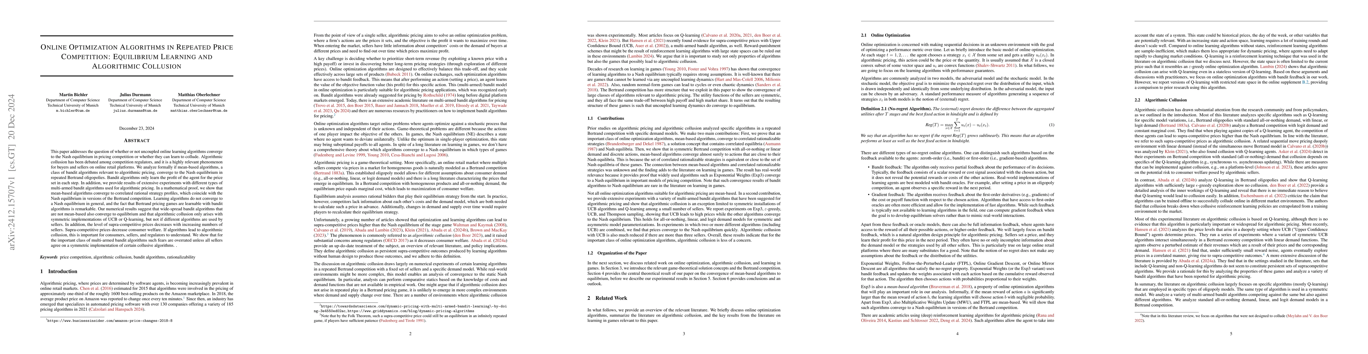 Thumbnail for Online Optimization Algorithms in Repeated Price Competition:
  Equilibrium Learning and Algorithmic Collusion