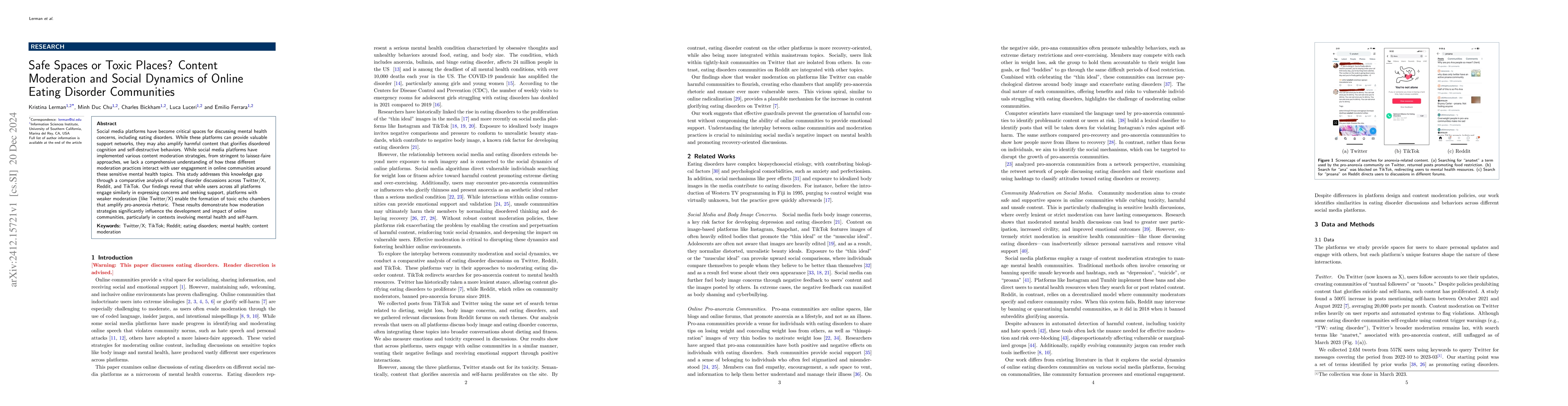 Thumbnail for Safe Spaces or Toxic Places? Content Moderation and Social Dynamics of
  Online Eating Disorder Communities