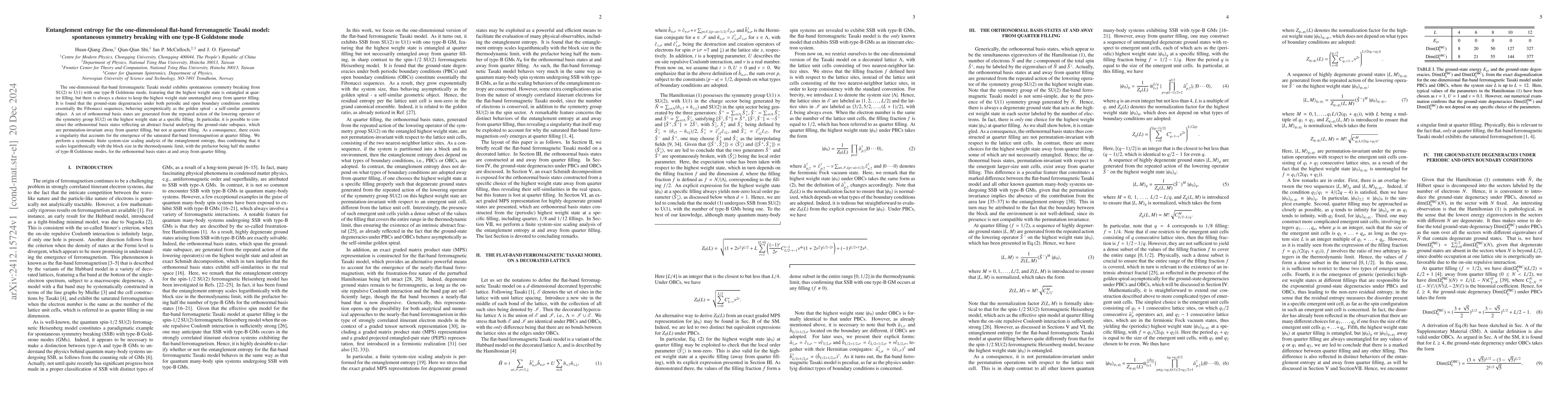 Thumbnail for Entanglement entropy for the one-dimensional flat-band ferromagnetic
  Tasaki model: spontaneous symmetry breaking with one type-B Goldstone mode