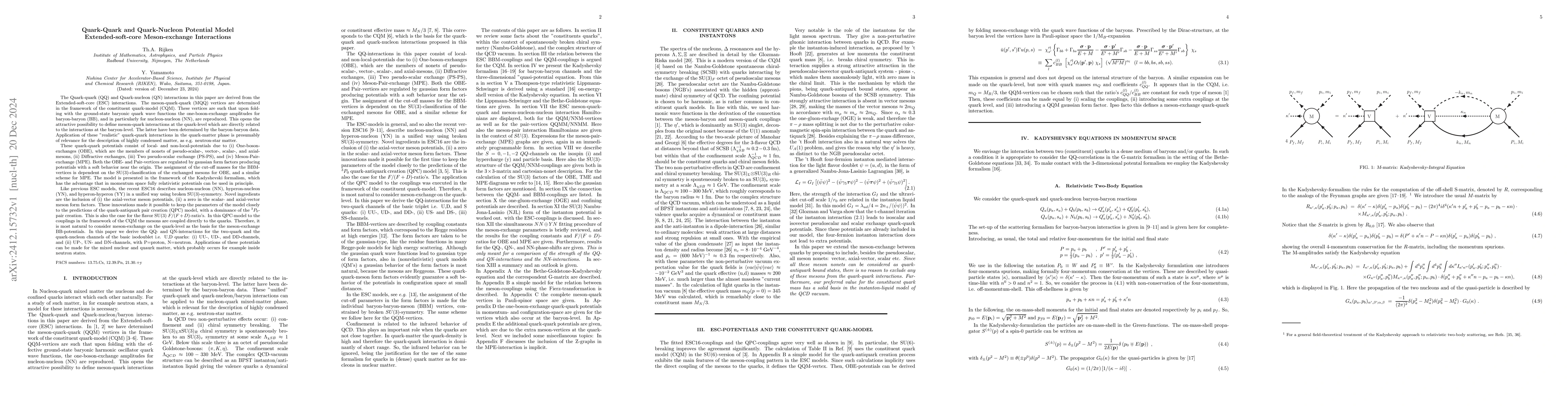 Thumbnail for Quark-Quark and Quark-nucleon Potential model Extended-soft-core
  meson-exchange Interactions