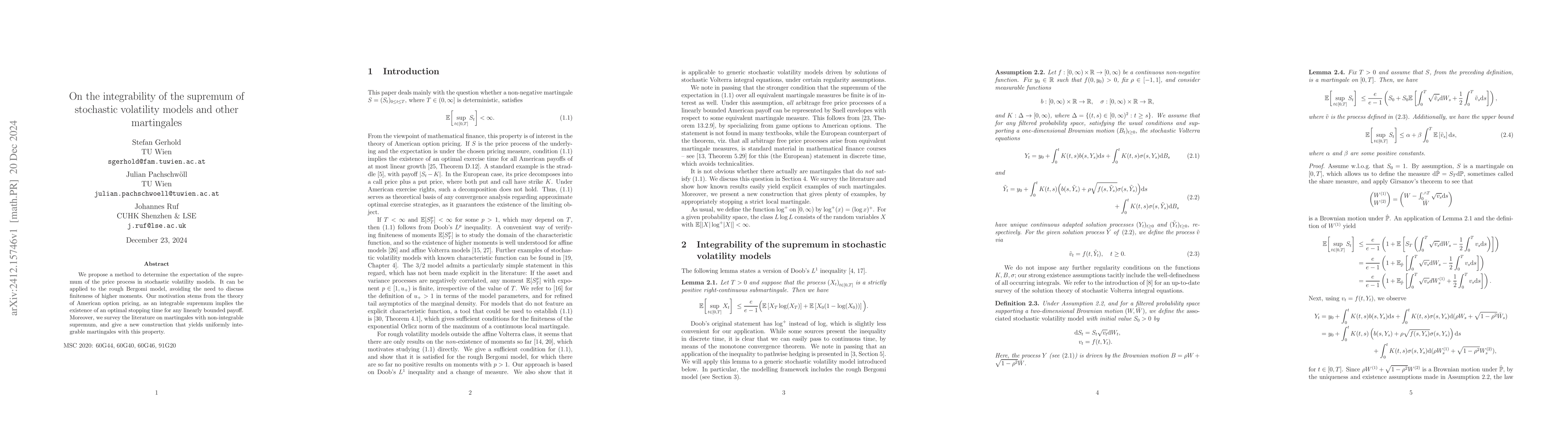 Thumbnail for On the integrability of the supremum of stochastic volatility models and
  other martingales