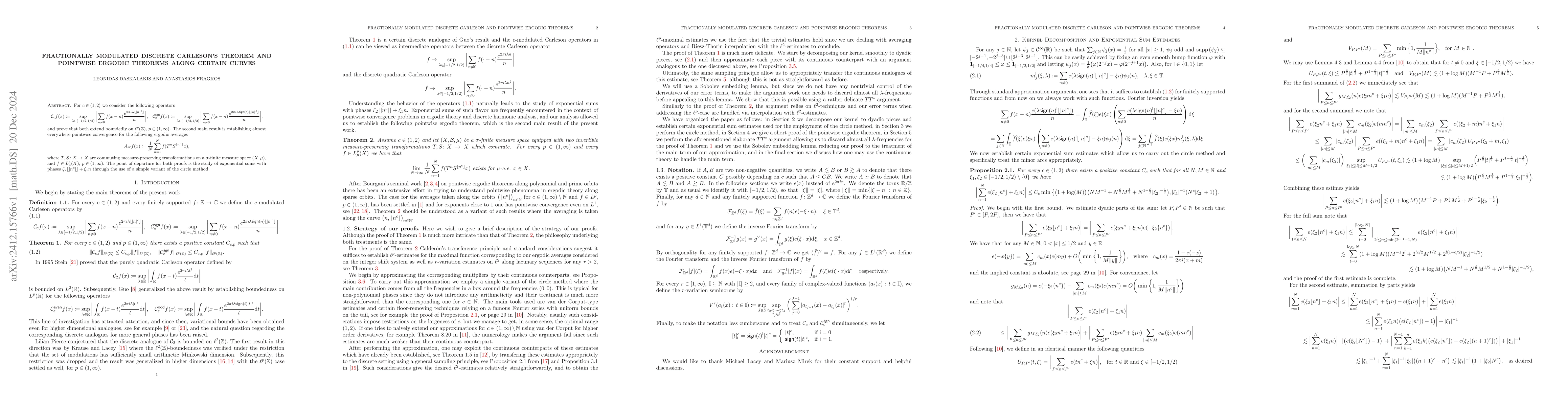 Thumbnail for Fractionally modulated discrete Carleson's Theorem and pointwise Ergodic
  Theorems along certain curves