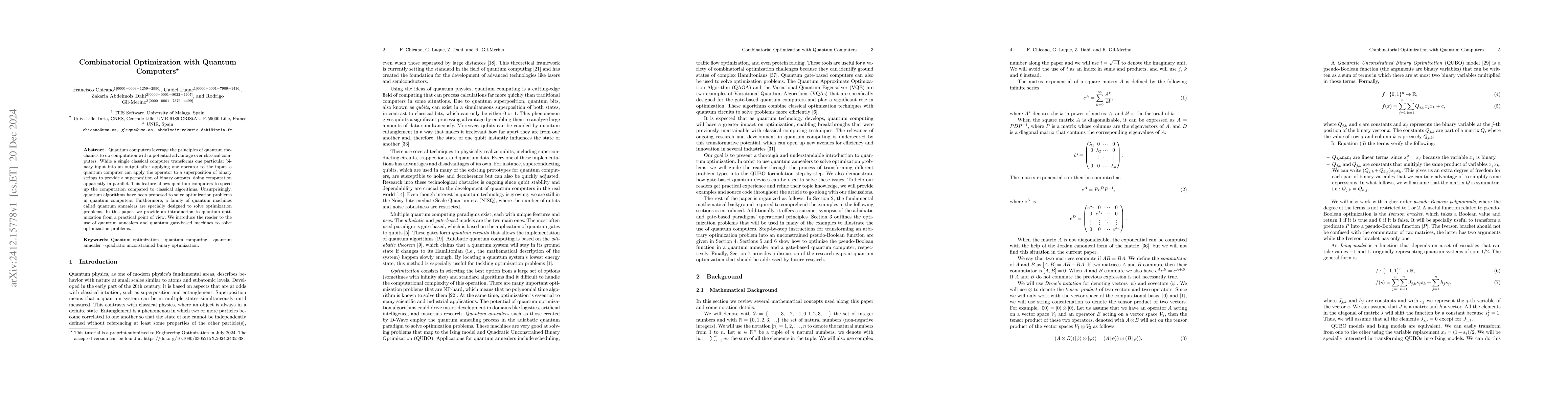 Thumbnail for Combinatorial Optimization with Quantum Computers