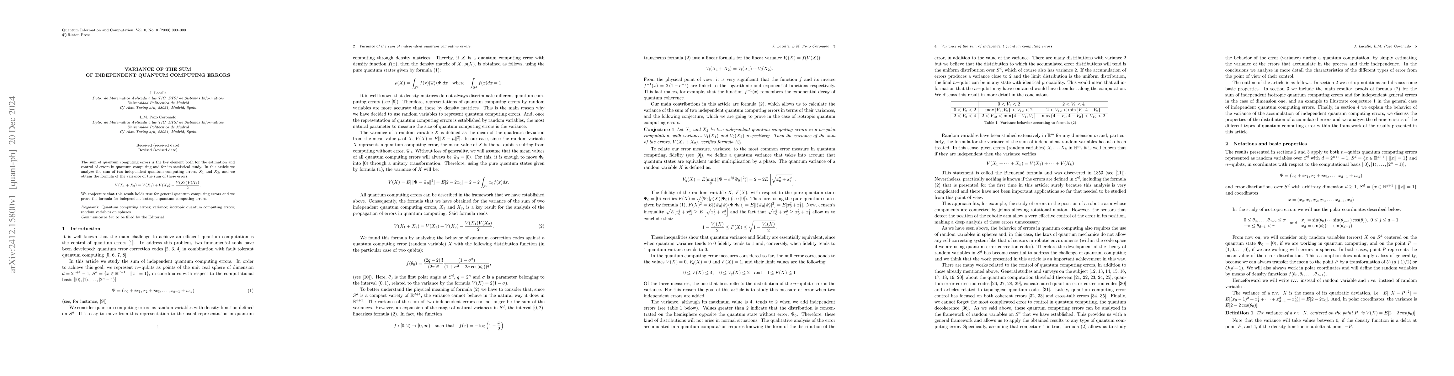 Thumbnail for Variance of the sum of independent quantum computing errors