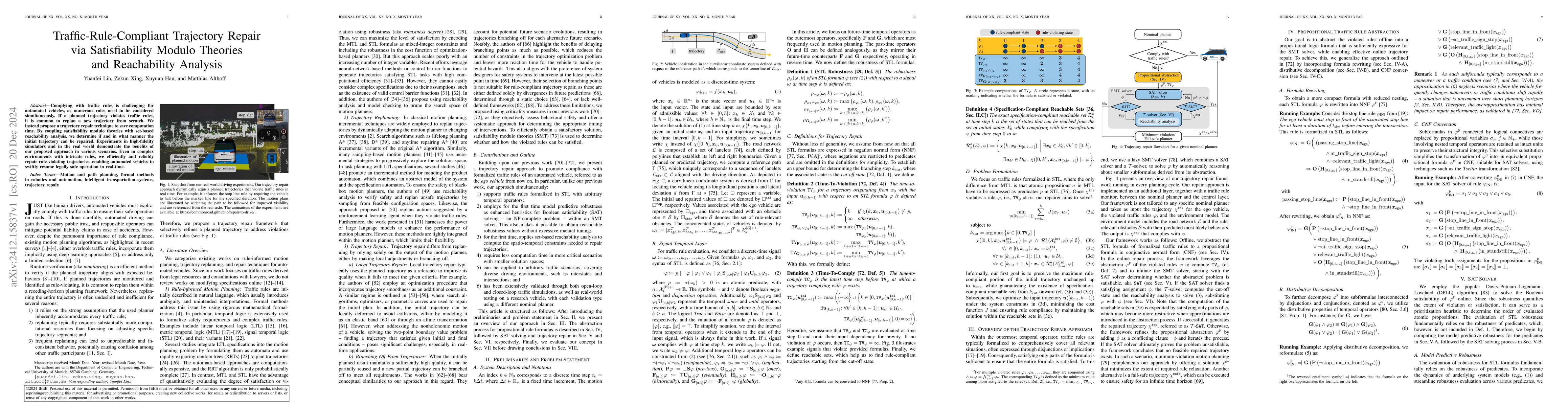 Thumbnail for Traffic-Rule-Compliant Trajectory Repair via Satisfiability Modulo
  Theories and Reachability Analysis