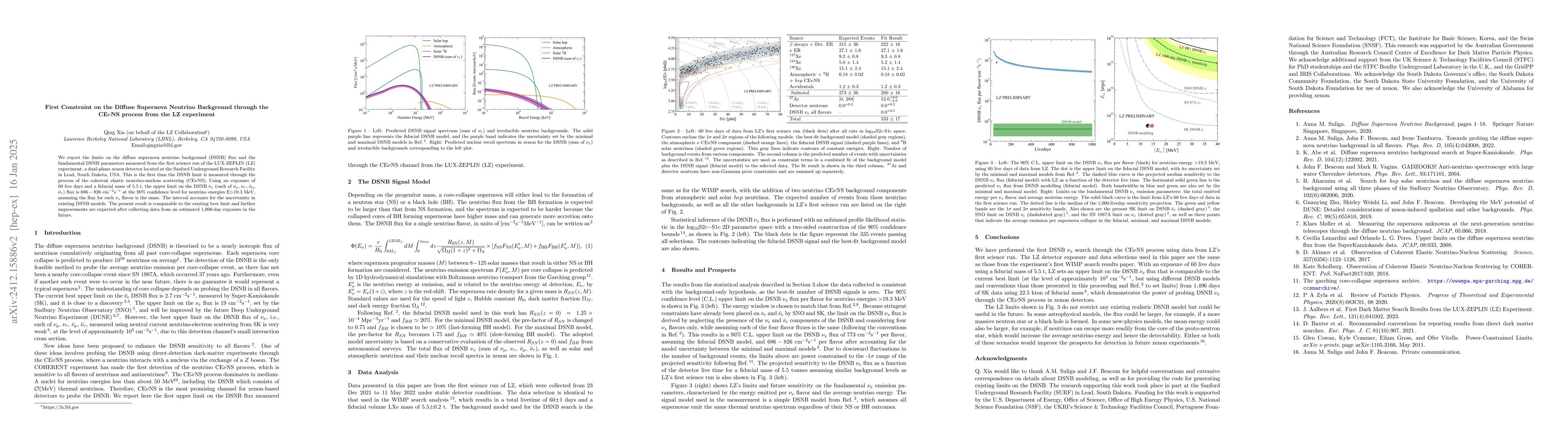 Thumbnail for First Constraint on the Diffuse Supernova Neutrino Background through
  the CE$ν$NS process from the LZ experiment