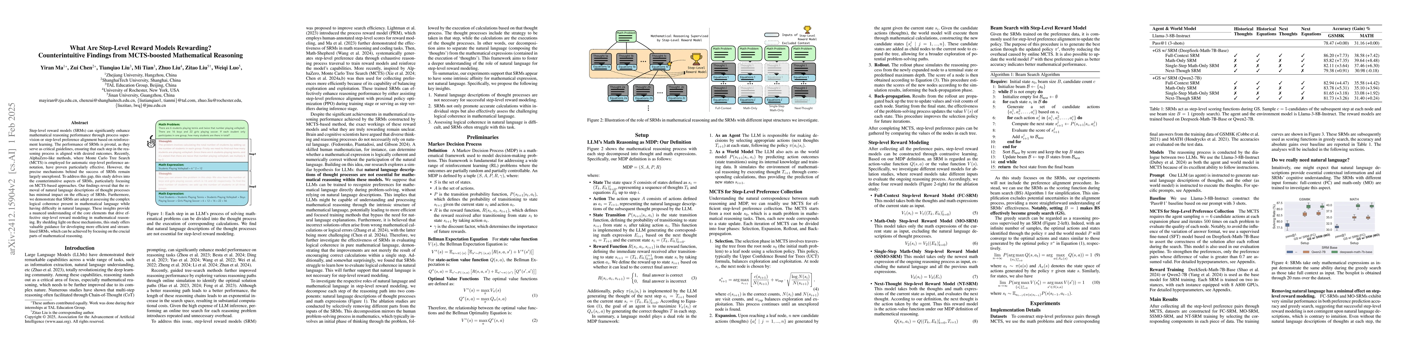 Thumbnail for What Are Step-Level Reward Models Rewarding? Counterintuitive Findings
  from MCTS-Boosted Mathematical Reasoning