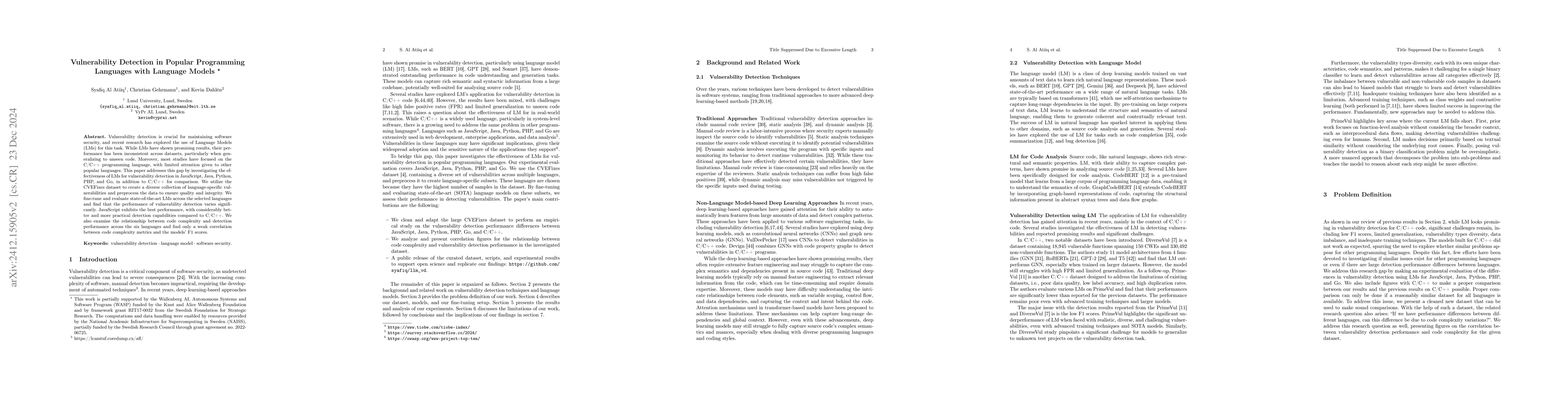 Thumbnail for Vulnerability Detection in Popular Programming Languages with Language
  Models