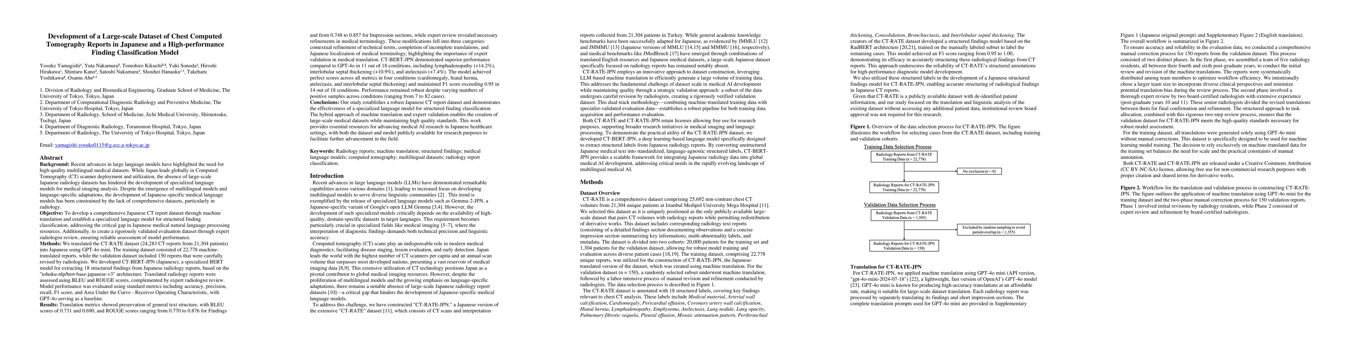 Thumbnail for Development of a Large-scale Dataset of Chest Computed Tomography
  Reports in Japanese and a High-performance Finding Classification Model