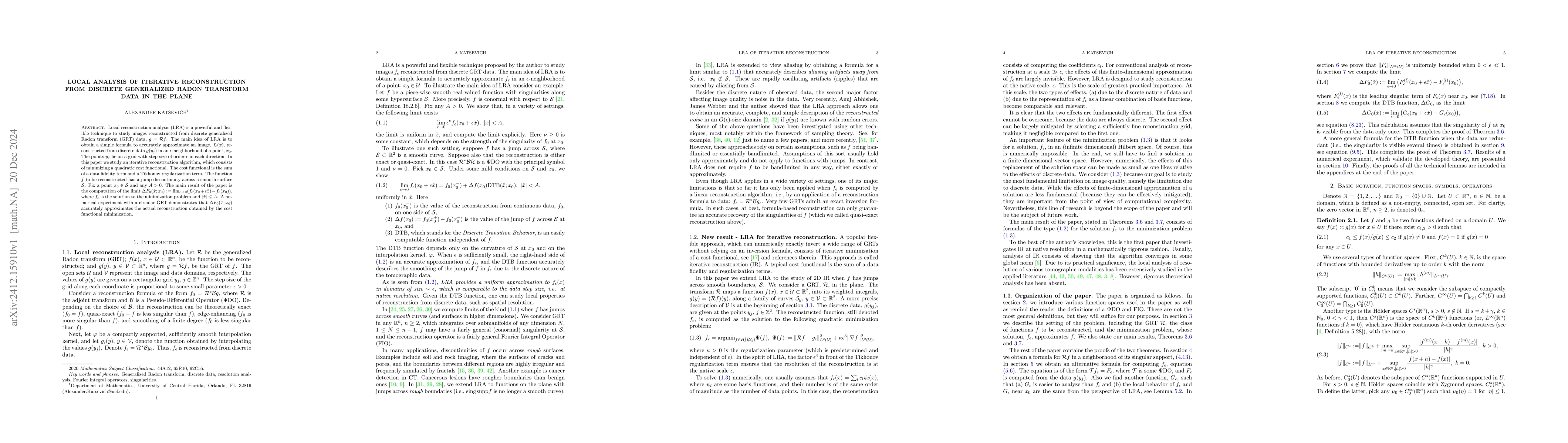 Thumbnail for Local analysis of iterative reconstruction from discrete generalized
  Radon transform data in the plane