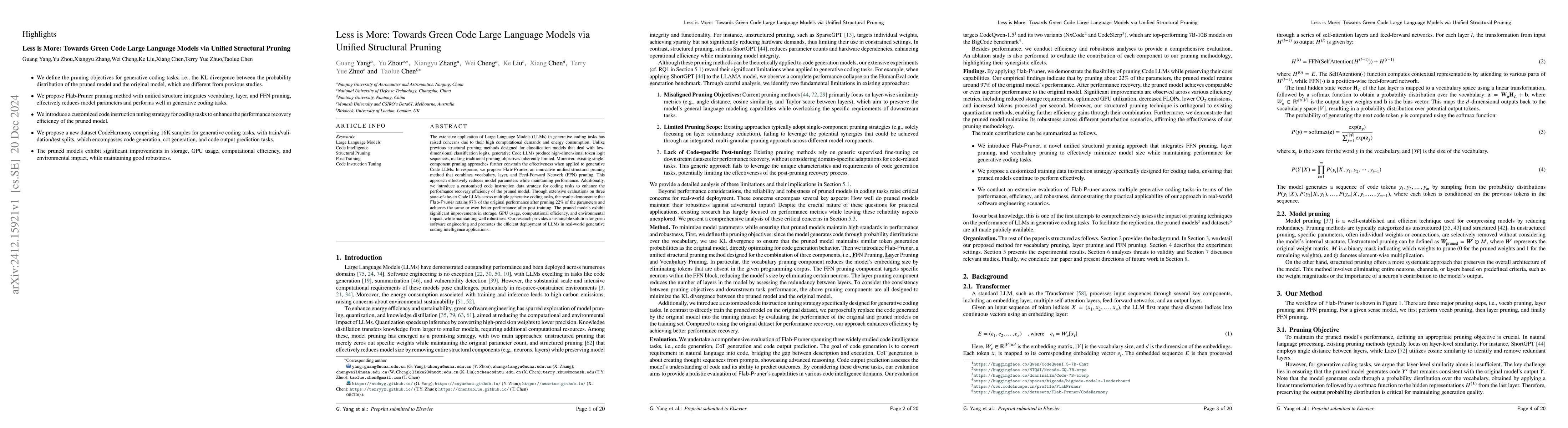 Thumbnail for Less is More: Towards Green Code Large Language Models via Unified
  Structural Pruning