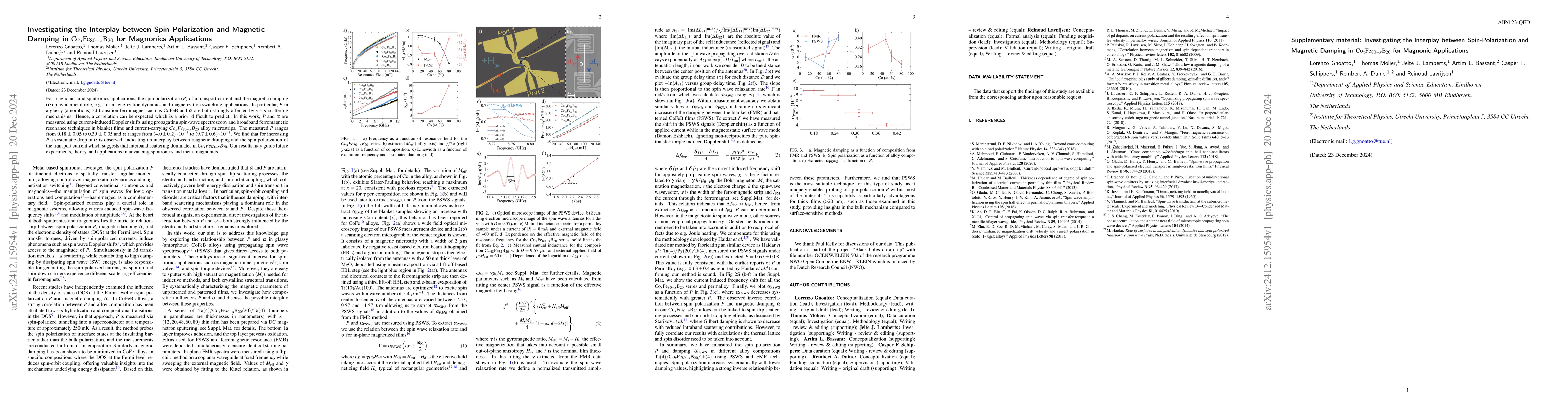 Thumbnail for Investigating the Interplay between Spin-Polarization and Magnetic
  Damping in $\mathrm{Co}_{x}\mathrm{Fe}_{80-x}\mathrm{B}_{20}$ for Magnonics
  Applications