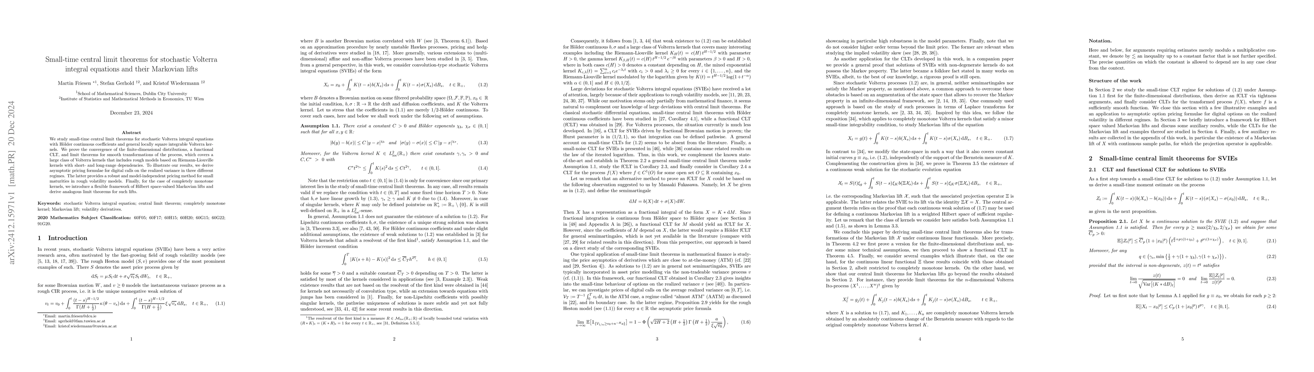 Thumbnail for Small-time central limit theorems for stochastic Volterra integral
  equations and their Markovian lifts