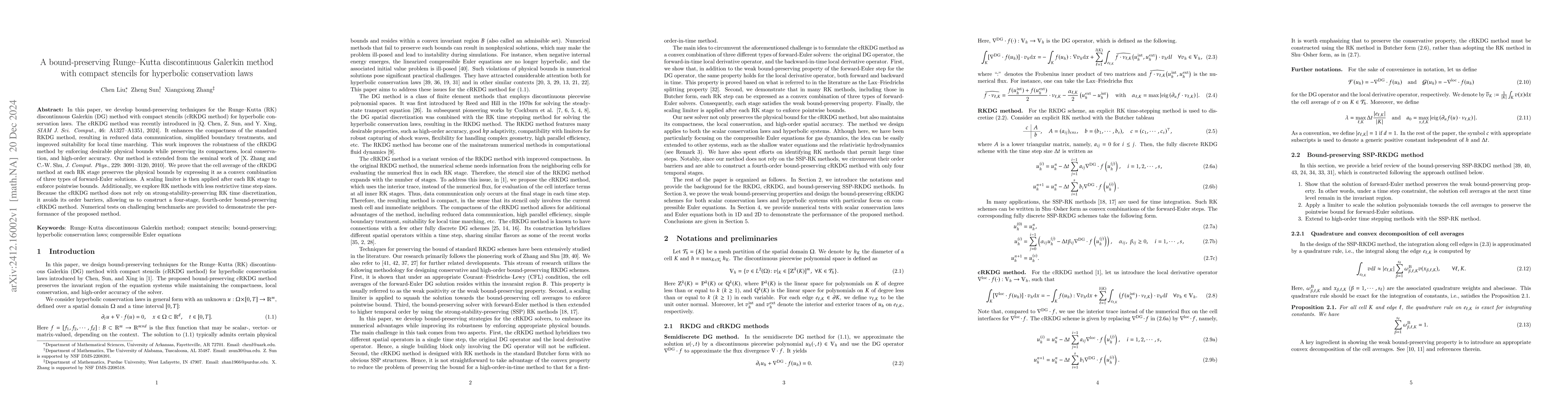 Thumbnail for A bound-preserving Runge--Kutta discontinuous Galerkin method with
  compact stencils for hyperbolic conservation laws