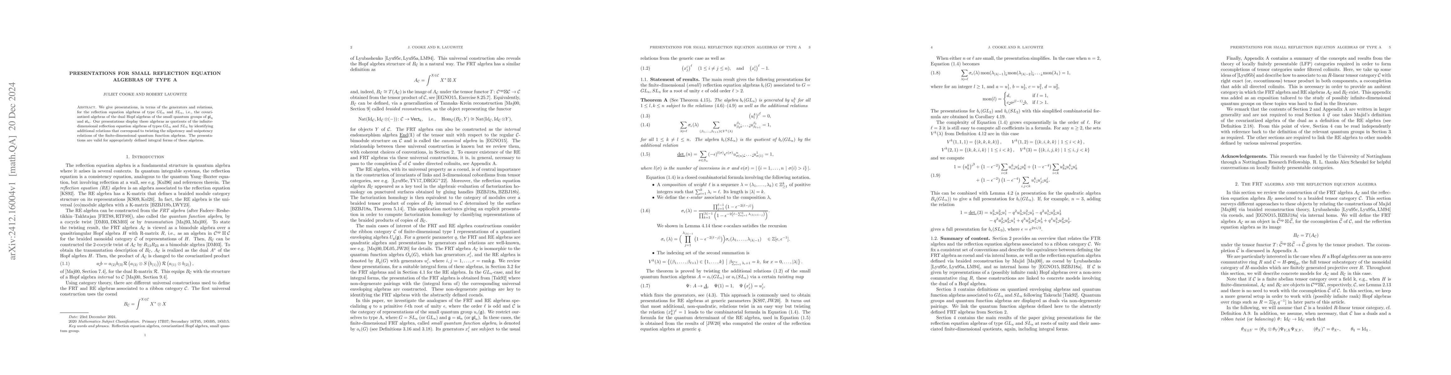 Thumbnail for Presentations for small reflection equation algebras of type A