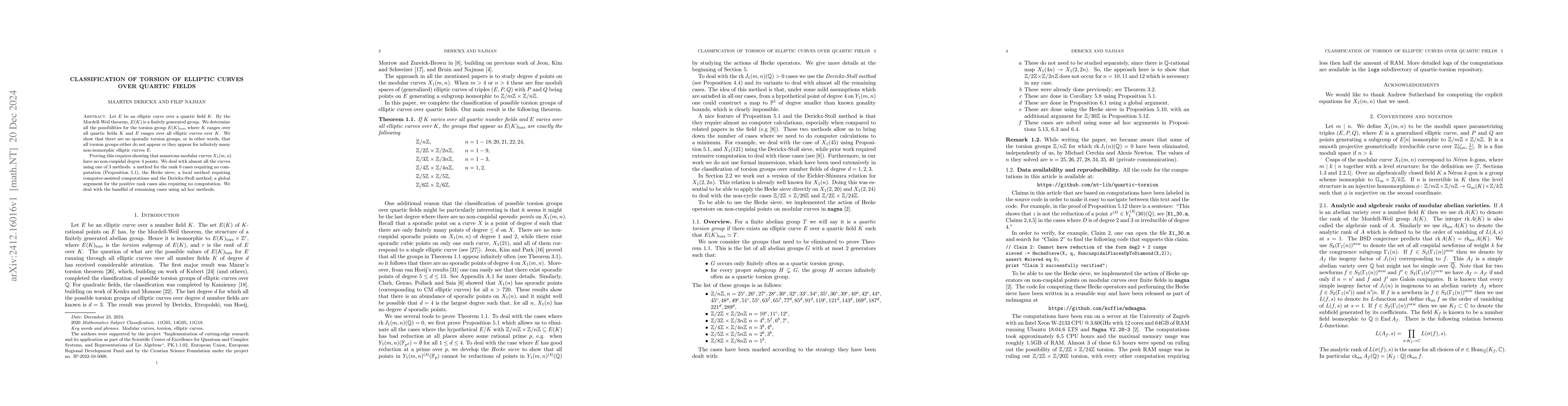 Thumbnail for Classification of torsion of elliptic curves over quartic fields