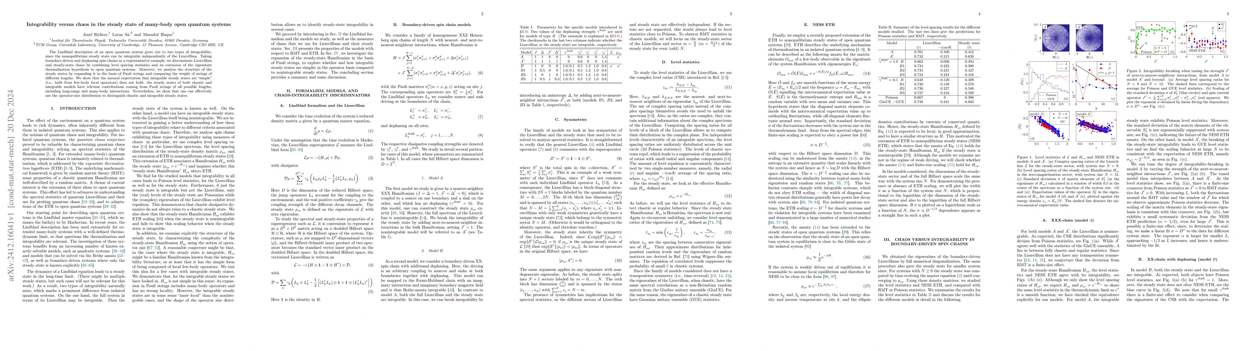 Thumbnail for Integrability versus chaos in the steady state of many-body open quantum
  systems