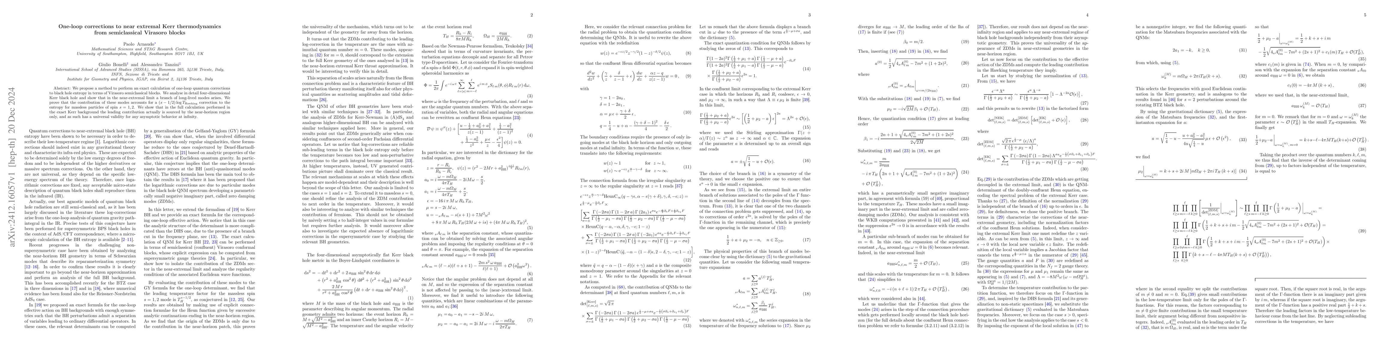 Thumbnail for One-loop corrections to near extremal Kerr thermodynamics from
  semiclassical Virasoro blocks
