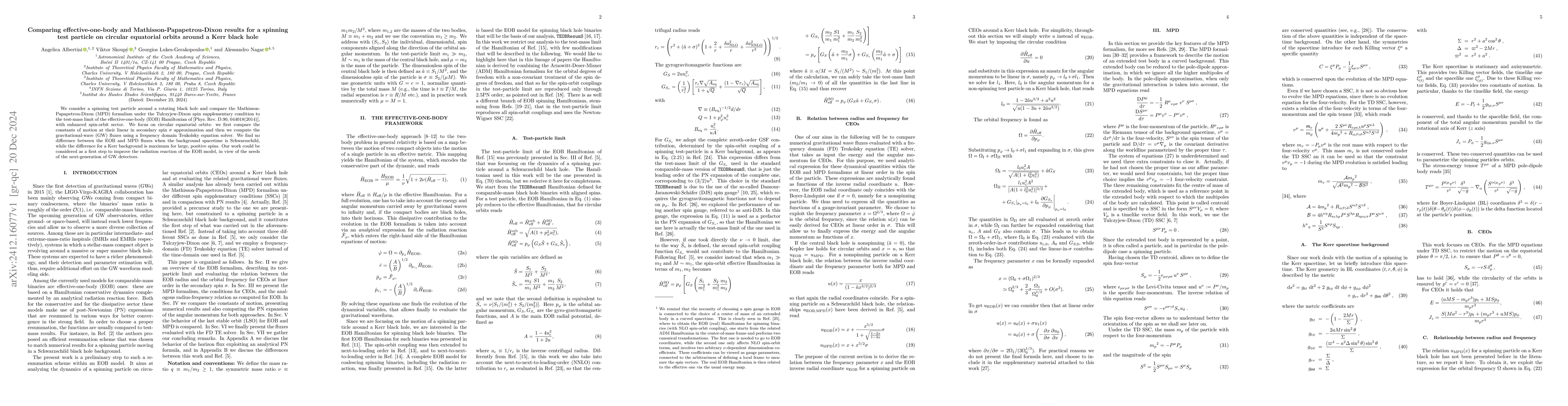 Thumbnail for Comparing effective-one-body and Mathisson-Papapetrou-Dixon results for
  a spinning test particle on circular equatorial orbits around a Kerr black
  hole