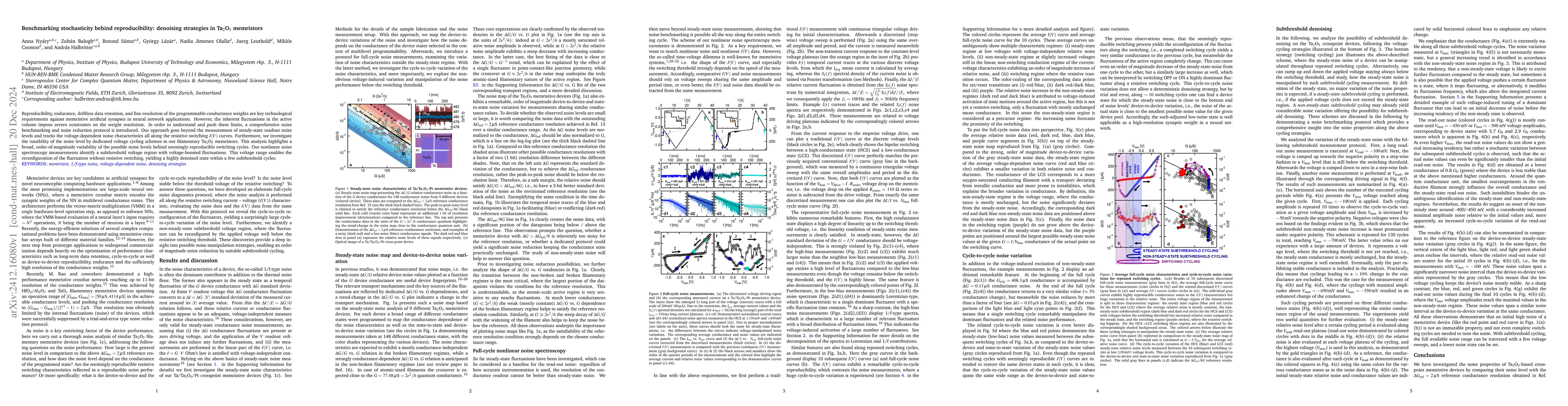 Thumbnail for Benchmarking stochasticity behind reproducibility: denoising strategies
  in Ta$_2$O$_5$ memristors