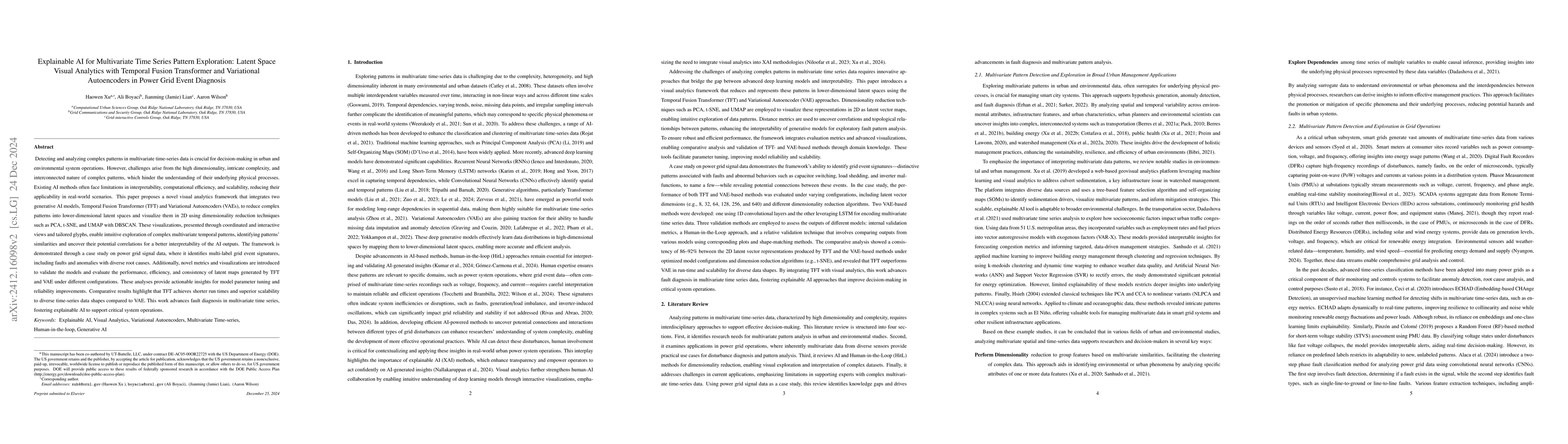 Thumbnail for Explainable AI for Multivariate Time Series Pattern Exploration: Latent
  Space Visual Analytics with Temporal Fusion Transformer and Variational
  Autoencoders in Power Grid Event Diagnosis