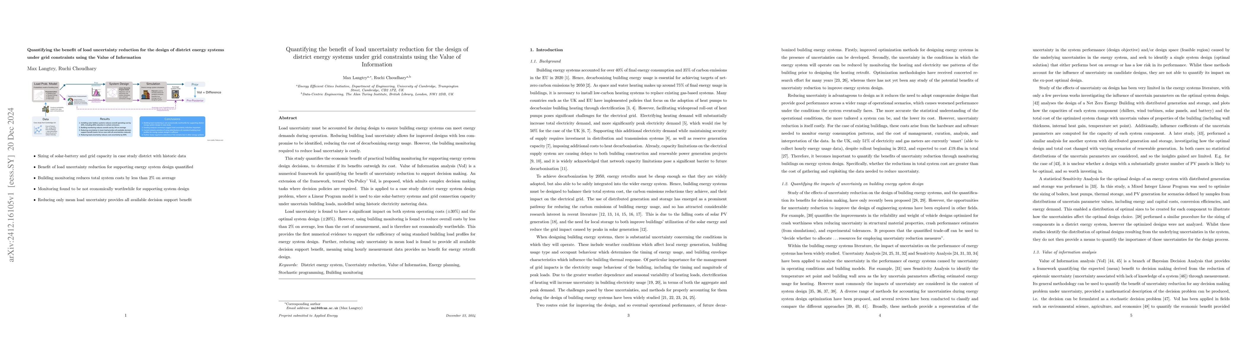 Thumbnail for Quantifying the benefit of load uncertainty reduction for the design of
  district energy systems under grid constraints using the Value of Information