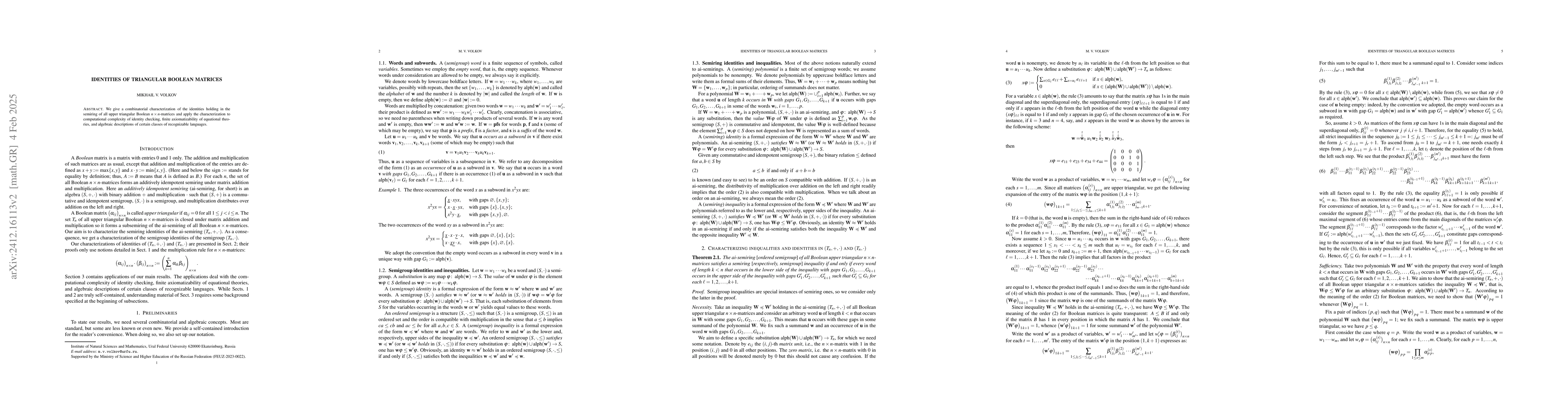 Thumbnail for Identities in the monoids of triangular Boolean matrices