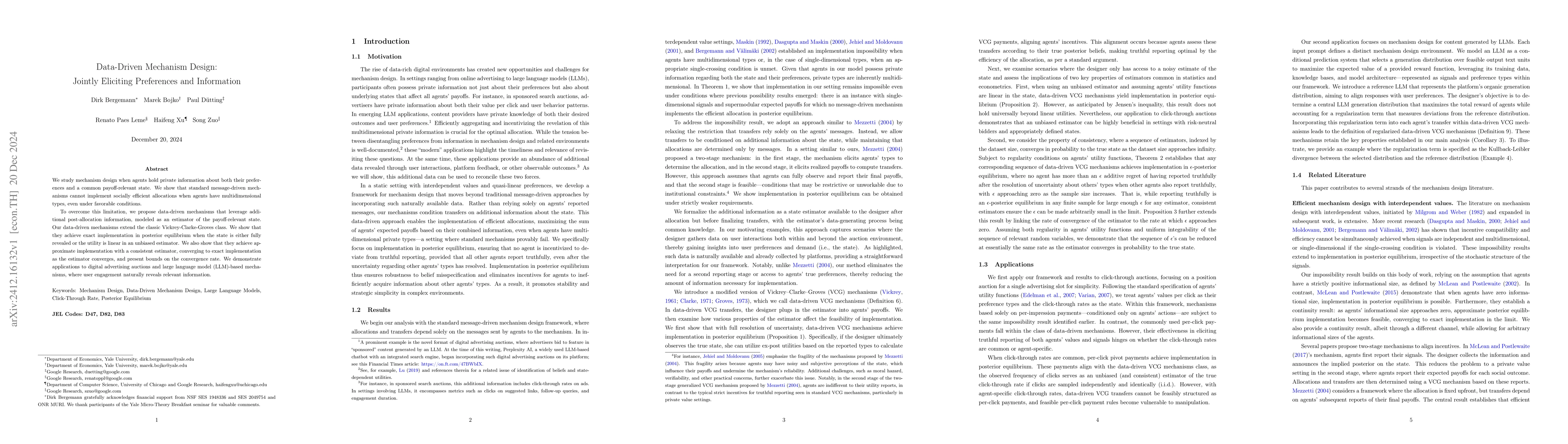 Thumbnail for Data-Driven Mechanism Design: Jointly Eliciting Preferences and
  Information