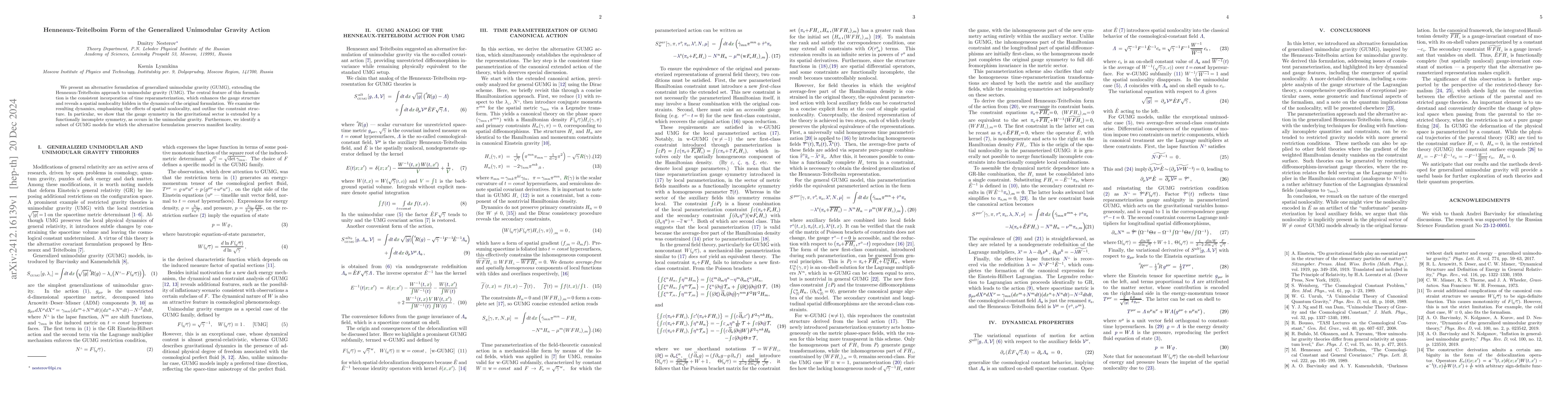 Thumbnail for Henneaux-Teitelboim Form of the Generalized Unimodular Gravity Action