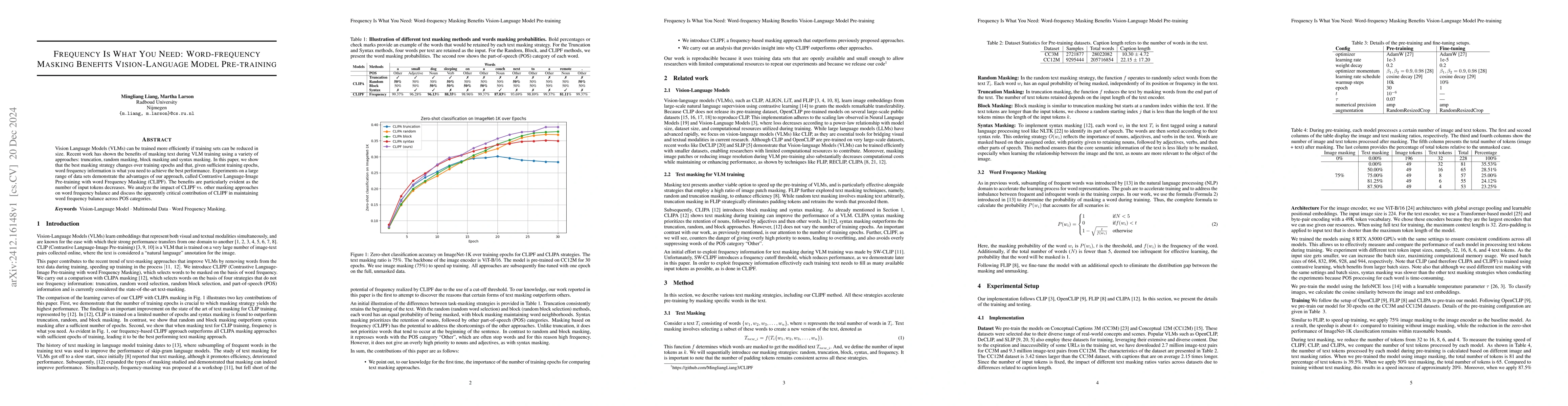 Thumbnail for Frequency Is What You Need: Word-frequency Masking Benefits
  Vision-Language Model Pre-training