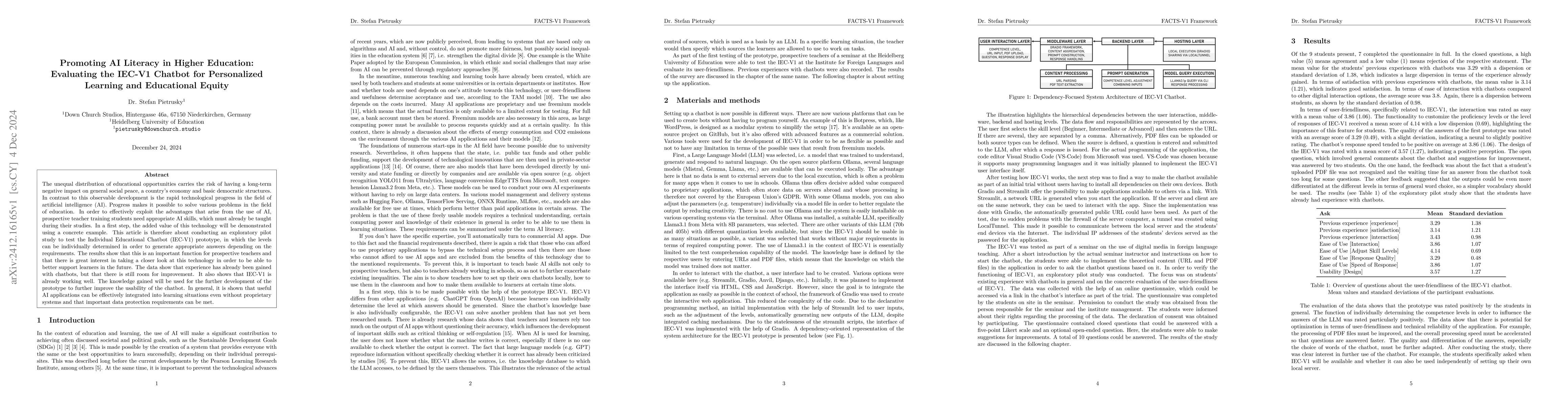 Thumbnail for Promoting AI Literacy in Higher Education: Evaluating the IEC-V1 Chatbot
  for Personalized Learning and Educational Equity