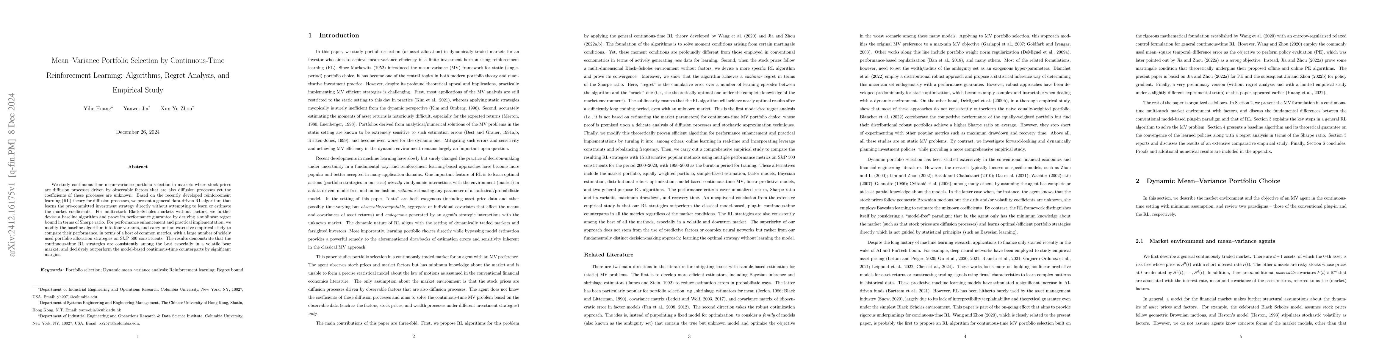 Thumbnail for Mean--Variance Portfolio Selection by Continuous-Time Reinforcement
  Learning: Algorithms, Regret Analysis, and Empirical Study