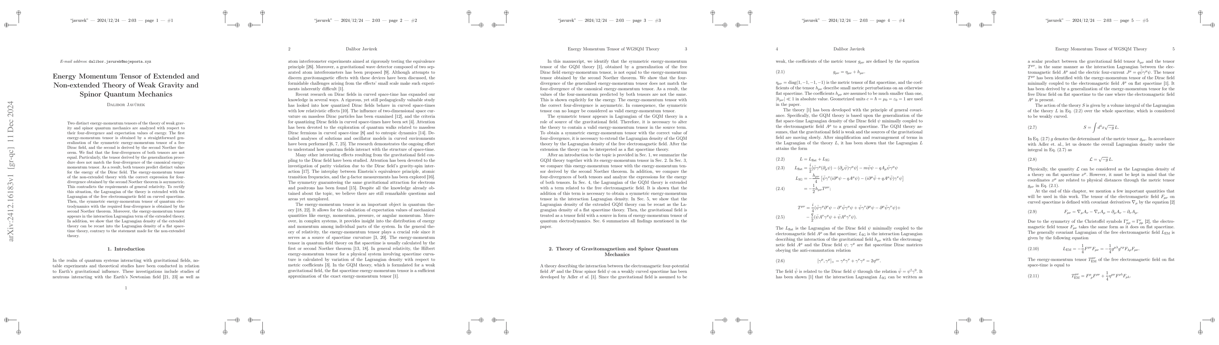 Thumbnail for Energy Momentum Tensor of Extended and Non-extended Theory of Weak
  Gravity and Spinor Quantum Mechanics