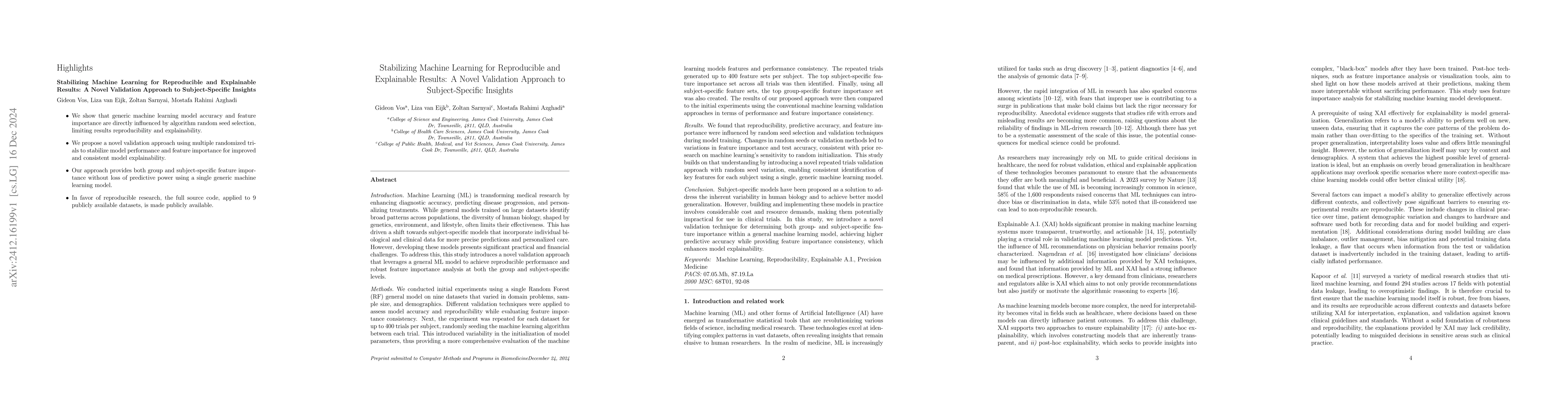 Thumbnail for Stabilizing Machine Learning for Reproducible and Explainable Results: A
  Novel Validation Approach to Subject-Specific Insights